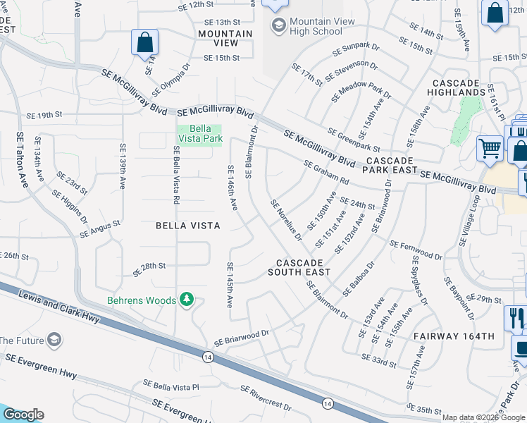 map of restaurants, bars, coffee shops, grocery stores, and more near 2503 Southeast Blairmont Drive in Vancouver