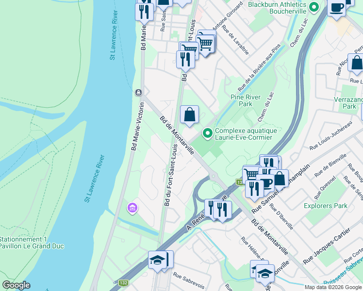 map of restaurants, bars, coffee shops, grocery stores, and more near 100 Boulevard de Montarville in Boucherville