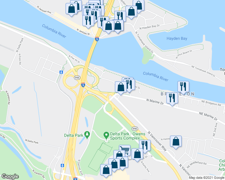 map of restaurants, bars, coffee shops, grocery stores, and more near 1273 North Marine Drive in Portland