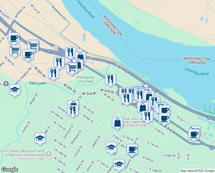 map of restaurants, bars, coffee shops, grocery stores, and more near 410 West 2nd Place in The Dalles