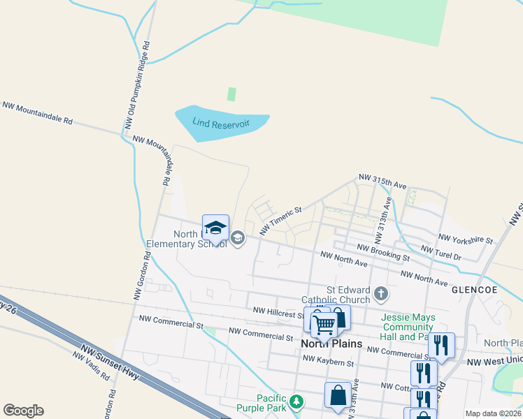 map of restaurants, bars, coffee shops, grocery stores, and more near 31805 NW Blake Terrace in North Plains