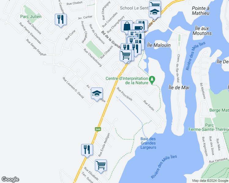 map of restaurants, bars, coffee shops, grocery stores, and more near 448 Grande-Côte Way in Boisbriand