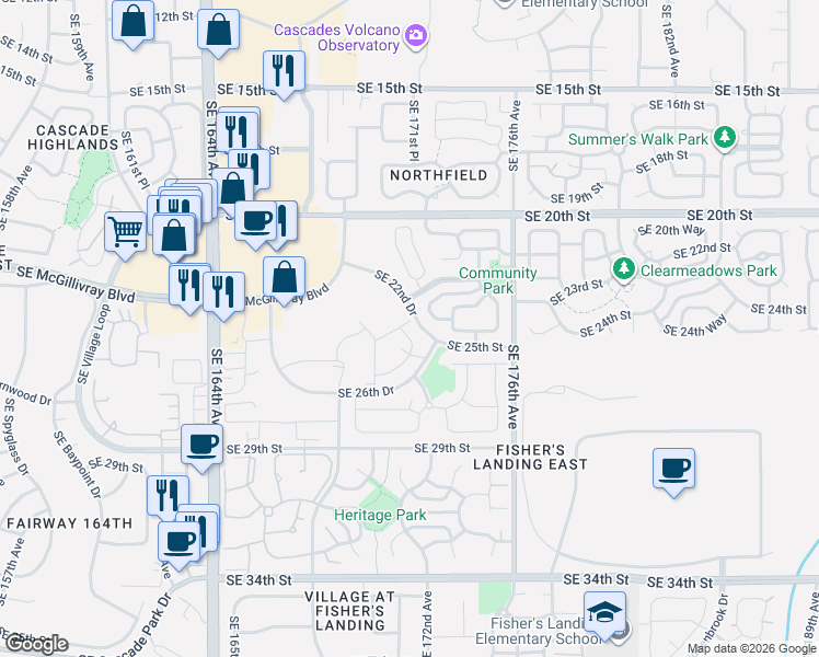 map of restaurants, bars, coffee shops, grocery stores, and more near 17200 Southeast 26th Drive in Vancouver