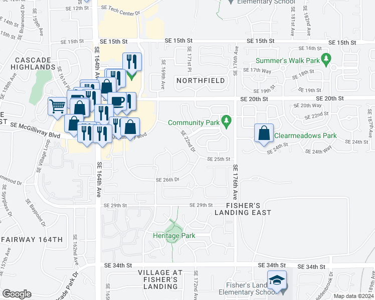 map of restaurants, bars, coffee shops, grocery stores, and more near 17200 Southeast 26th Drive in Vancouver