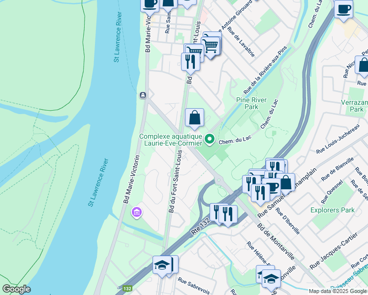 map of restaurants, bars, coffee shops, grocery stores, and more near 99 Boulevard de Montarville in Boucherville