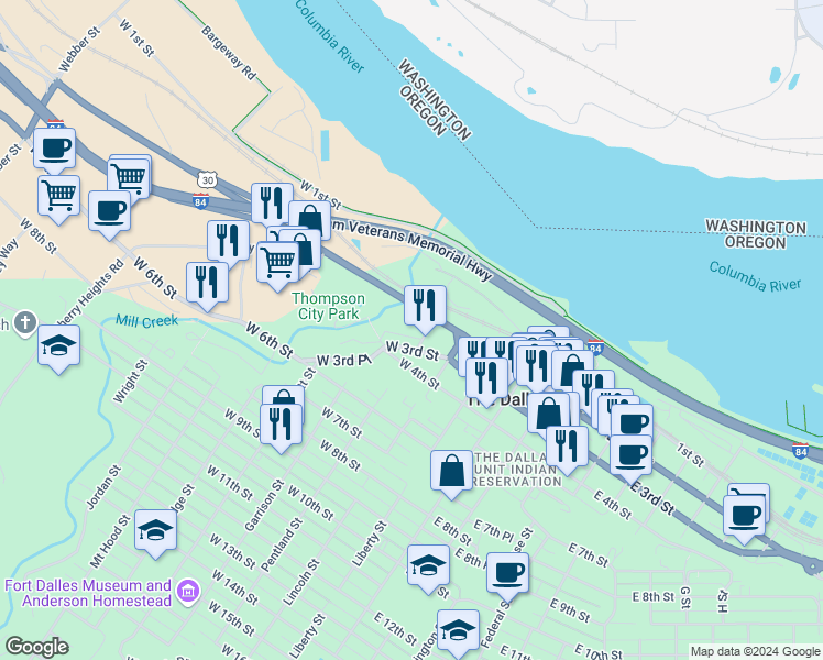 map of restaurants, bars, coffee shops, grocery stores, and more near 410 West 2nd Place in The Dalles