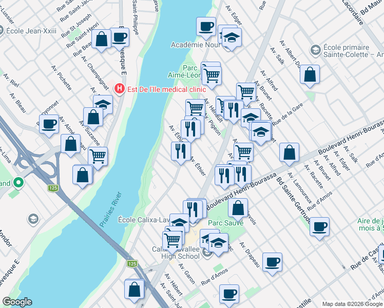 map of restaurants, bars, coffee shops, grocery stores, and more near 11891 Avenue Éthier in Montréal