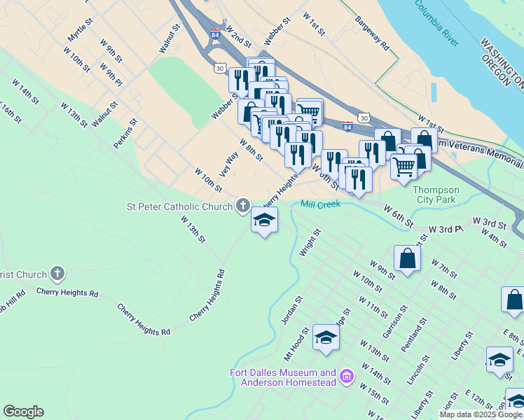 map of restaurants, bars, coffee shops, grocery stores, and more near 1201 West 10th Street in The Dalles