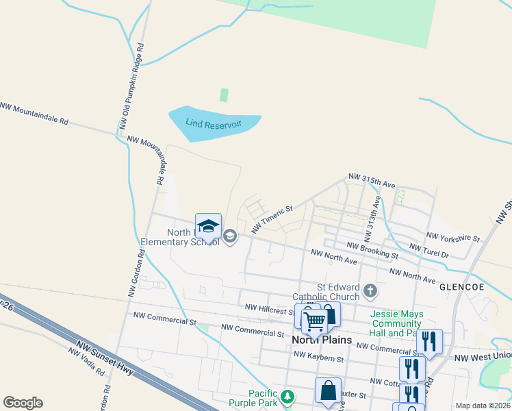 map of restaurants, bars, coffee shops, grocery stores, and more near 31773 NW Blake Terrace in North Plains