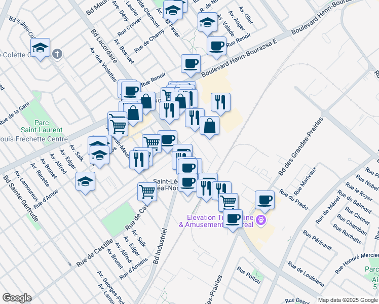 map of restaurants, bars, coffee shops, grocery stores, and more near 11001 Boulevard Lacordaire in Montréal