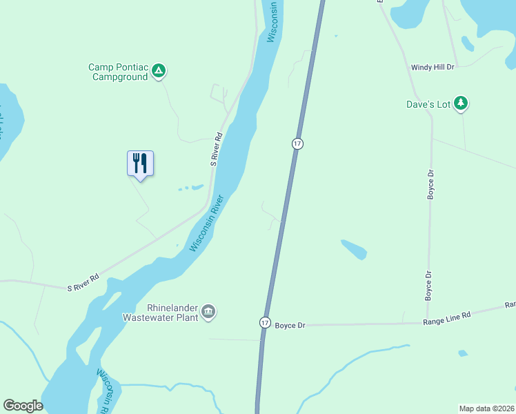 map of restaurants, bars, coffee shops, grocery stores, and more near 2895 State Road 17 in Rhinelander