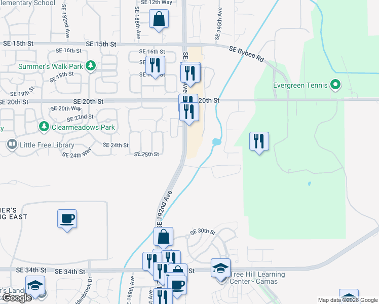 map of restaurants, bars, coffee shops, grocery stores, and more near 2425 Southeast 192nd Avenue in Camas