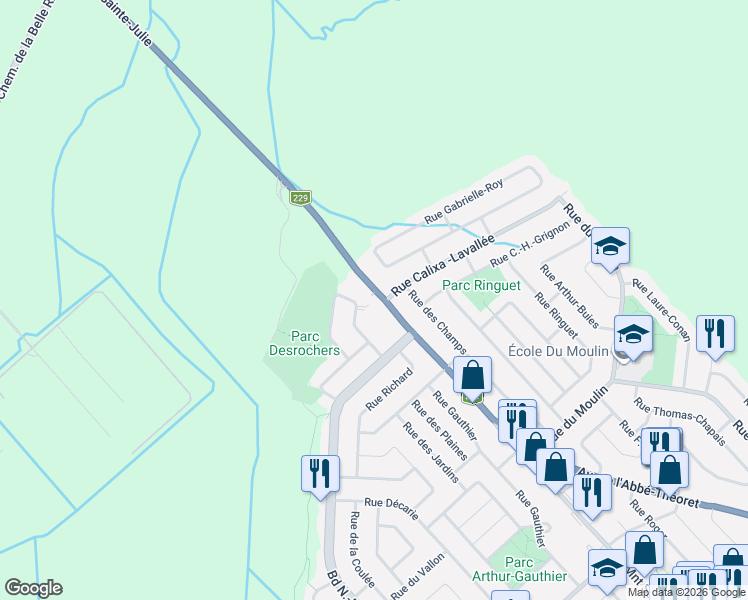 map of restaurants, bars, coffee shops, grocery stores, and more near 1012 Montée Sainte-Julie in Sainte-Julie