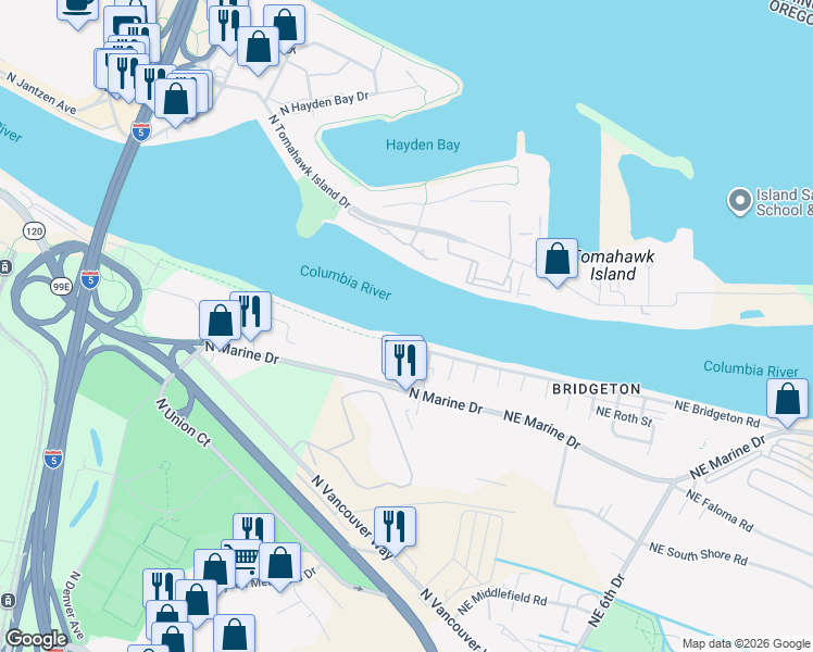 map of restaurants, bars, coffee shops, grocery stores, and more near 402 North Bridgeton Road in Portland