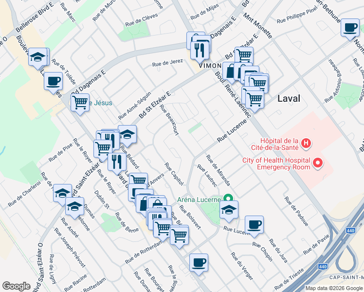 map of restaurants, bars, coffee shops, grocery stores, and more near 1866 Rue Beaucourt in Laval
