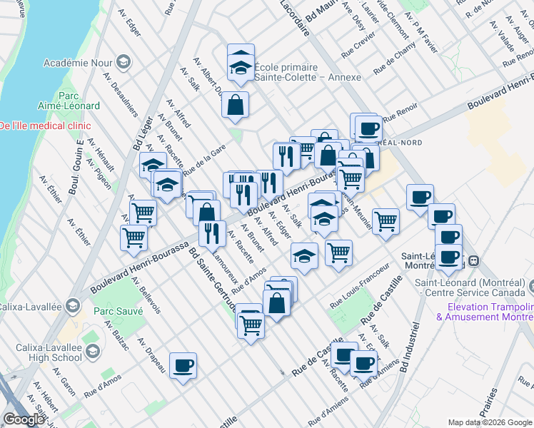 map of restaurants, bars, coffee shops, grocery stores, and more near 11452 Avenue Edger in Montréal