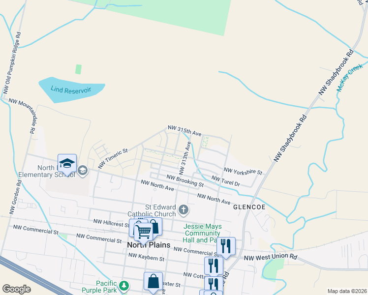map of restaurants, bars, coffee shops, grocery stores, and more near 11355 Northwest 313th Avenue in North Plains