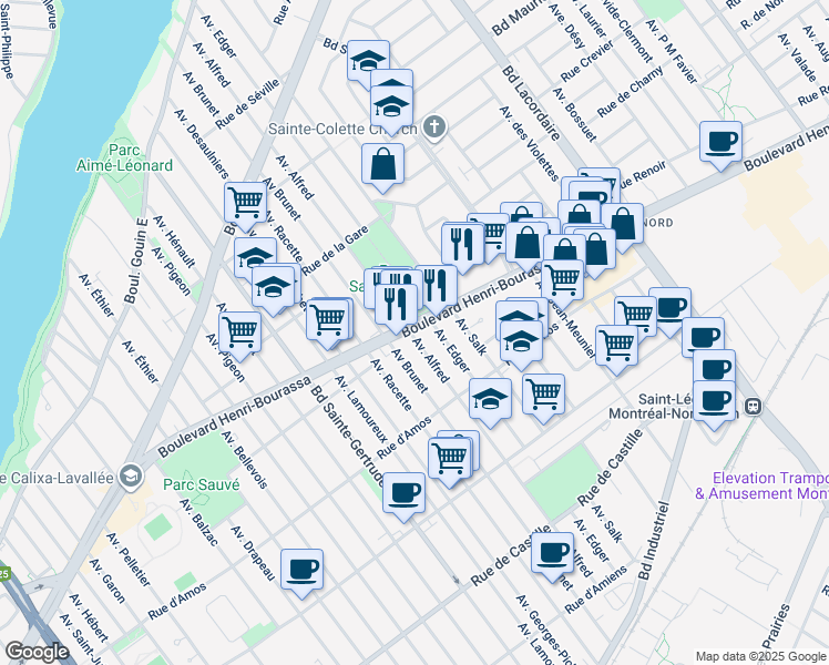 map of restaurants, bars, coffee shops, grocery stores, and more near 5200 Henri Bourassa Boulevard West in Montreal