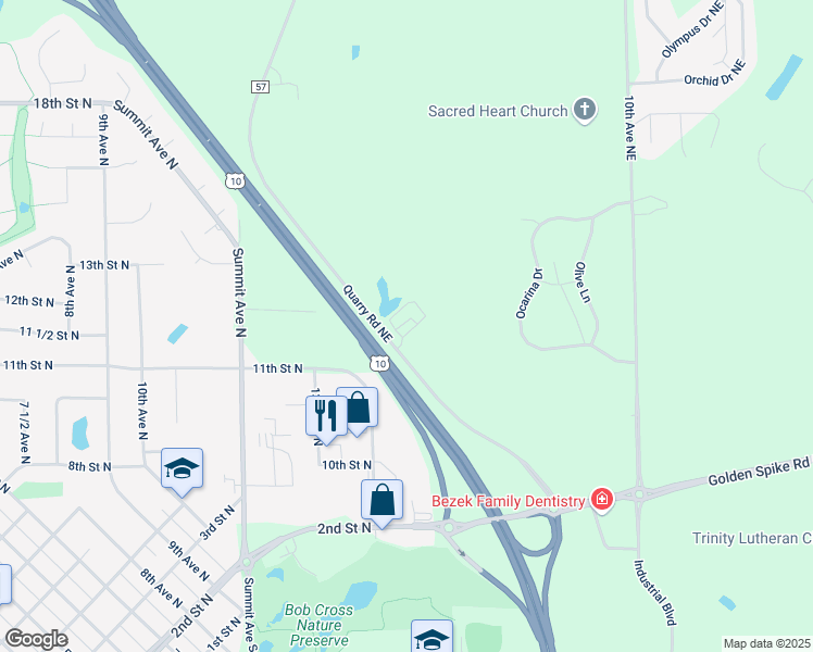 map of restaurants, bars, coffee shops, grocery stores, and more near 2550 Quarry Road Northeast in Sauk Rapids