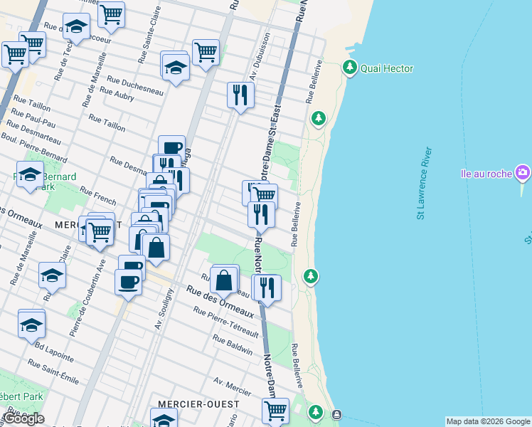map of restaurants, bars, coffee shops, grocery stores, and more near 9064 Notre-Dame Street East in Estate