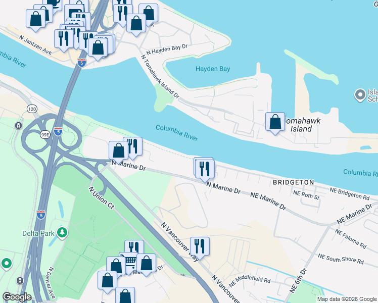 map of restaurants, bars, coffee shops, grocery stores, and more near 510 North Tomahawk Island Drive in Portland