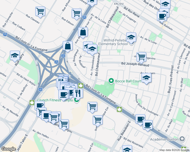 map of restaurants, bars, coffee shops, grocery stores, and more near Boulevard de Châteauneuf in Boisbriand