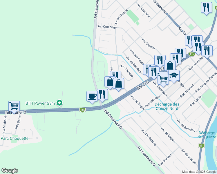 map of restaurants, bars, coffee shops, grocery stores, and more near 1215 Avenue Saint-Jean in Saint-Hyacinthe