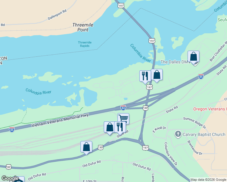 map of restaurants, bars, coffee shops, grocery stores, and more near 179 Blue Heron Court in The Dalles