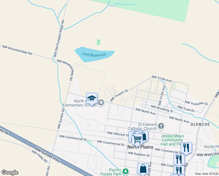 map of restaurants, bars, coffee shops, grocery stores, and more near 11348 Northwest 321st Avenue in North Plains