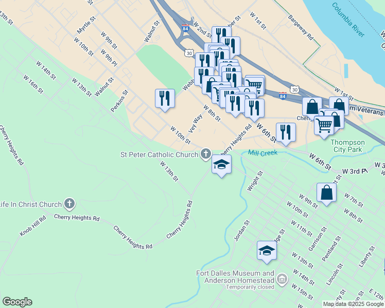 map of restaurants, bars, coffee shops, grocery stores, and more near 1312 West 10th Street in The Dalles