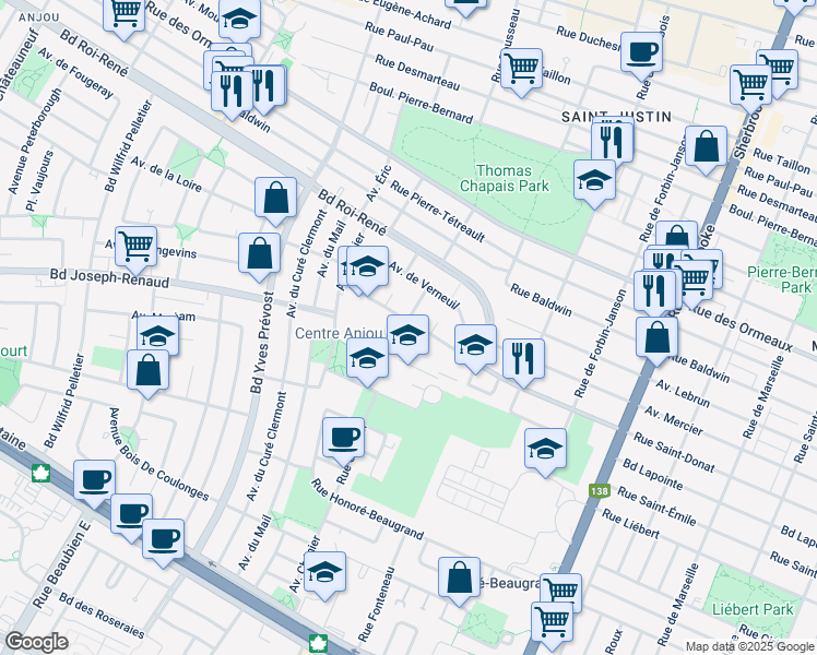 map of restaurants, bars, coffee shops, grocery stores, and more near 5634 Avenue Saint Donat in Montréal