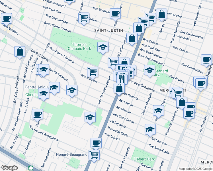map of restaurants, bars, coffee shops, grocery stores, and more near 8600 Rue de Forbin Janson in Montreal