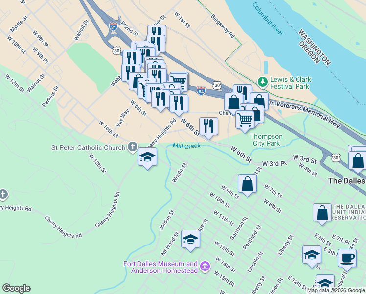 map of restaurants, bars, coffee shops, grocery stores, and more near 1011 West 8th Place in The Dalles
