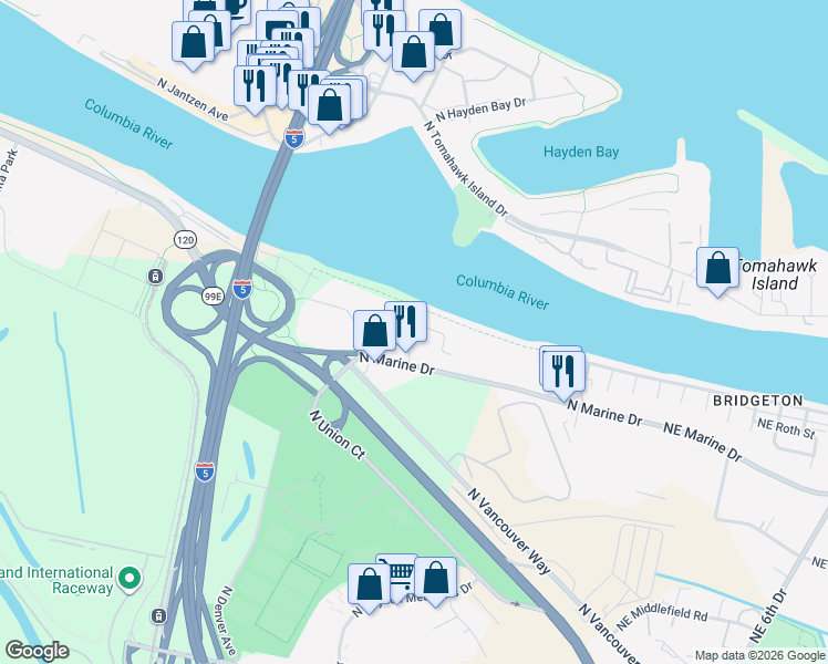 map of restaurants, bars, coffee shops, grocery stores, and more near 905 North Harbour Drive in Portland