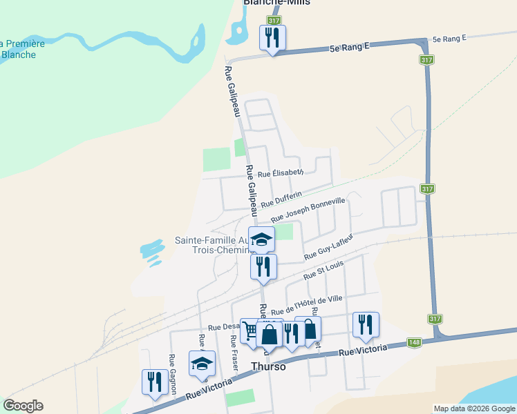map of restaurants, bars, coffee shops, grocery stores, and more near 317 Rue Dufferin in Thurso
