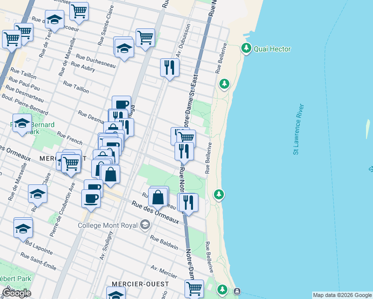 map of restaurants, bars, coffee shops, grocery stores, and more near 9064 Rue Notre-Dame Est in Montréal