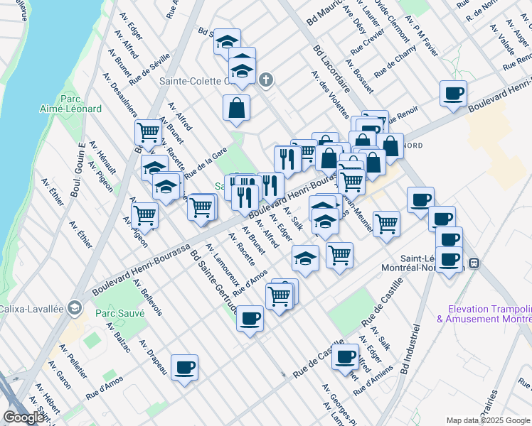 map of restaurants, bars, coffee shops, grocery stores, and more near 5250 Boulevard Henri Bourassa Ouest in Montréal