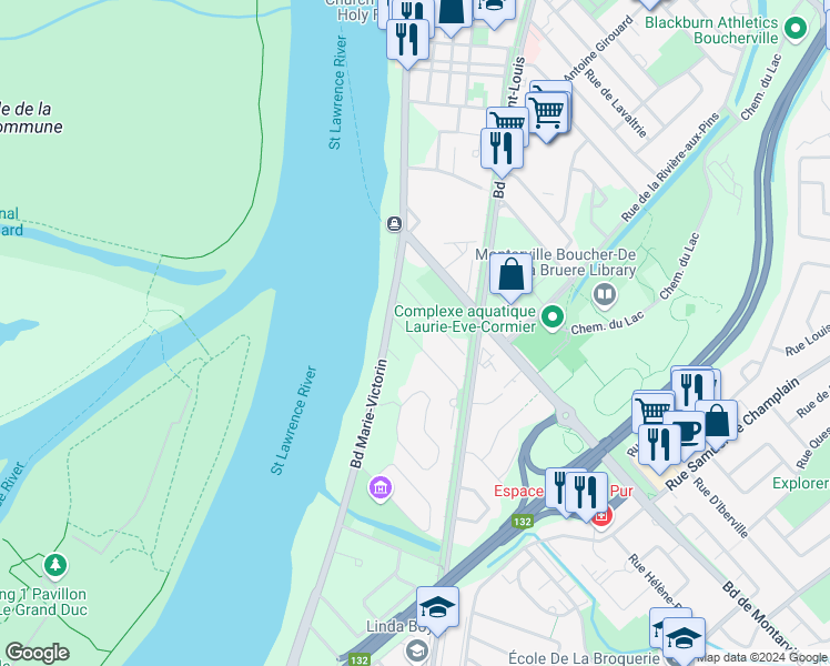 map of restaurants, bars, coffee shops, grocery stores, and more near 16 Rue Desmarteau in Boucherville