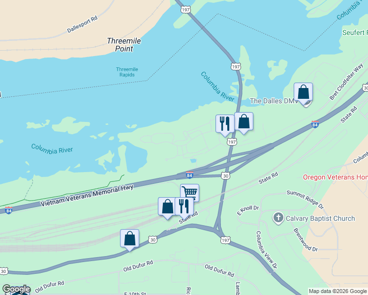 map of restaurants, bars, coffee shops, grocery stores, and more near 201 Osprey Lane West in The Dalles