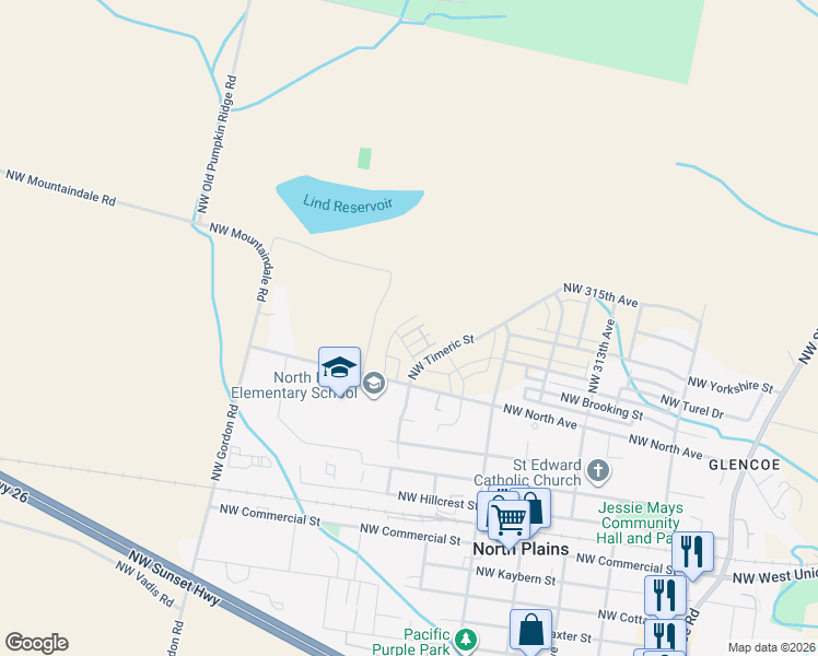 map of restaurants, bars, coffee shops, grocery stores, and more near 11356 Northwest 321st Avenue in North Plains