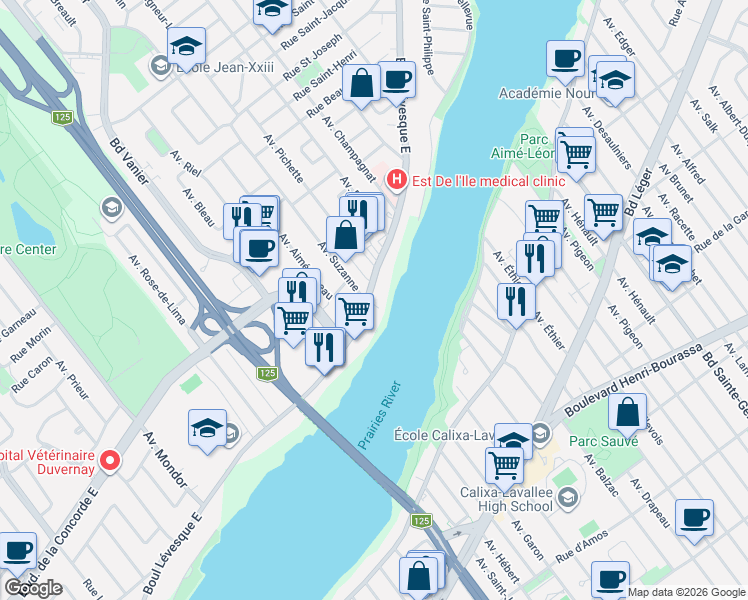 map of restaurants, bars, coffee shops, grocery stores, and more near 4540 Boulevard Lévesque Est in Laval