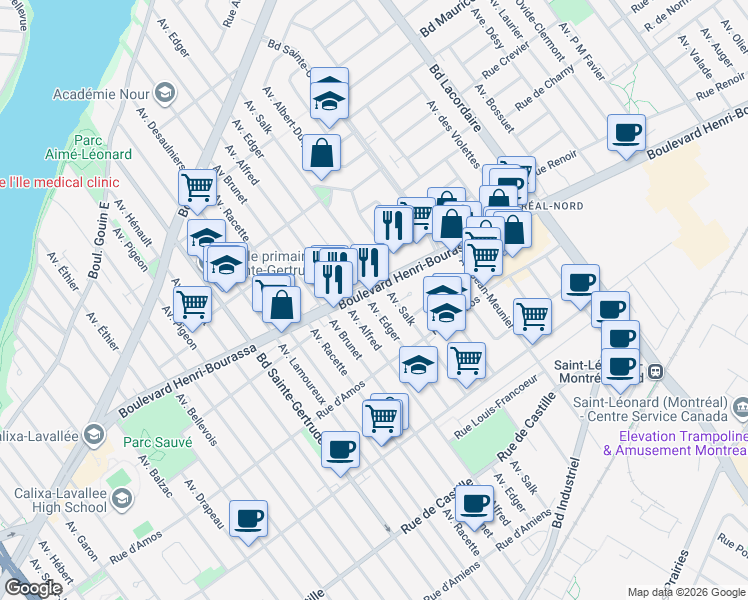 map of restaurants, bars, coffee shops, grocery stores, and more near 11451 Avenue Edger in Montréal