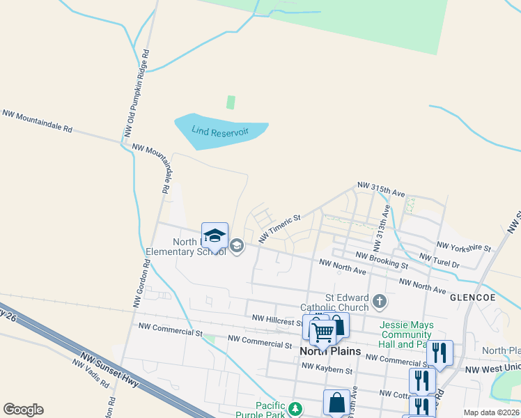 map of restaurants, bars, coffee shops, grocery stores, and more near 11364 Northwest 321st Avenue in North Plains