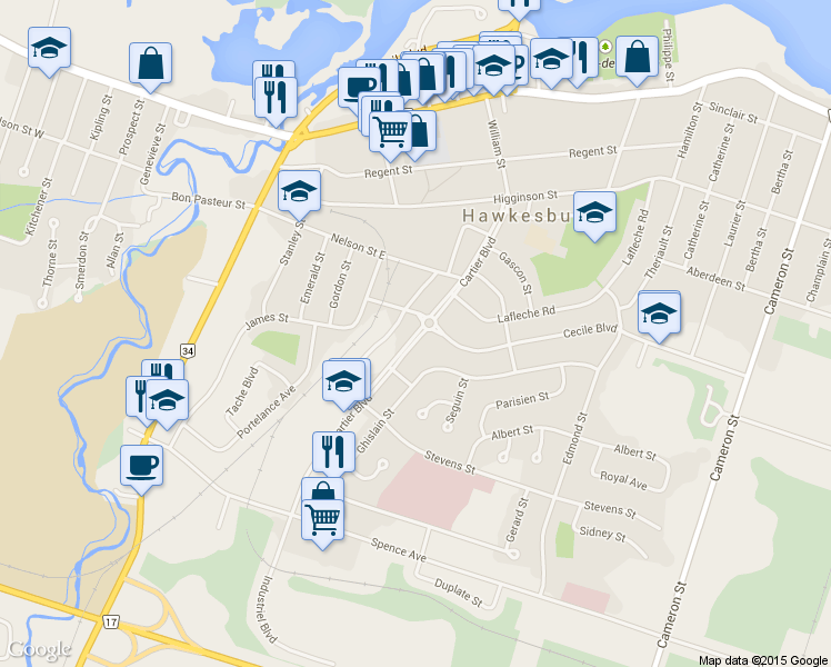 map of restaurants, bars, coffee shops, grocery stores, and more near 716 Cartier Boulevard in Hawkesbury