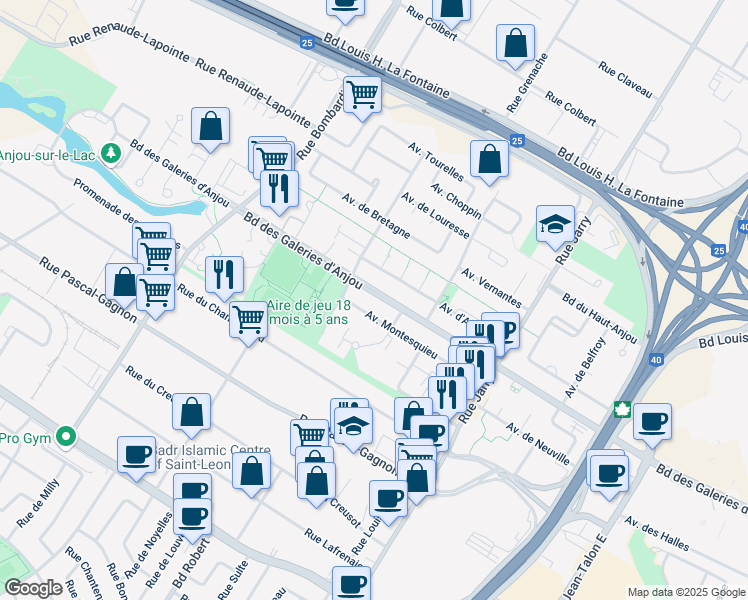 map of restaurants, bars, coffee shops, grocery stores, and more near 9020 Boulevard des Galeries d'Anjou in Montréal