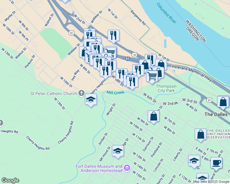 map of restaurants, bars, coffee shops, grocery stores, and more near 996 West 8th Place in The Dalles