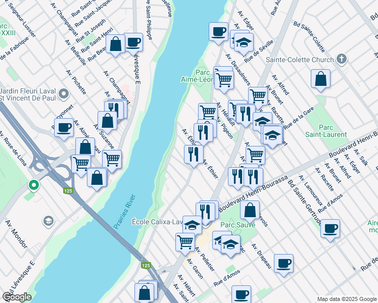 map of restaurants, bars, coffee shops, grocery stores, and more near 11958 Avenue Henrietta in Montréal