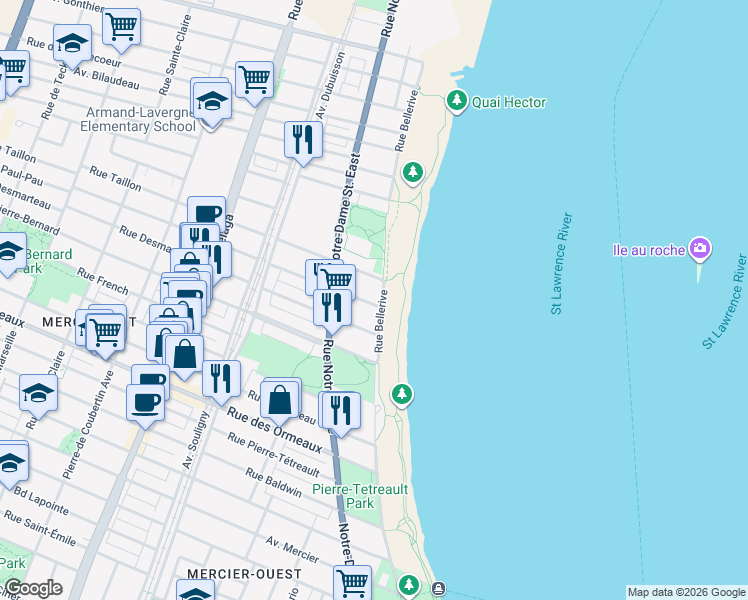 map of restaurants, bars, coffee shops, grocery stores, and more near 9105 Rue Bellerive in Montréal