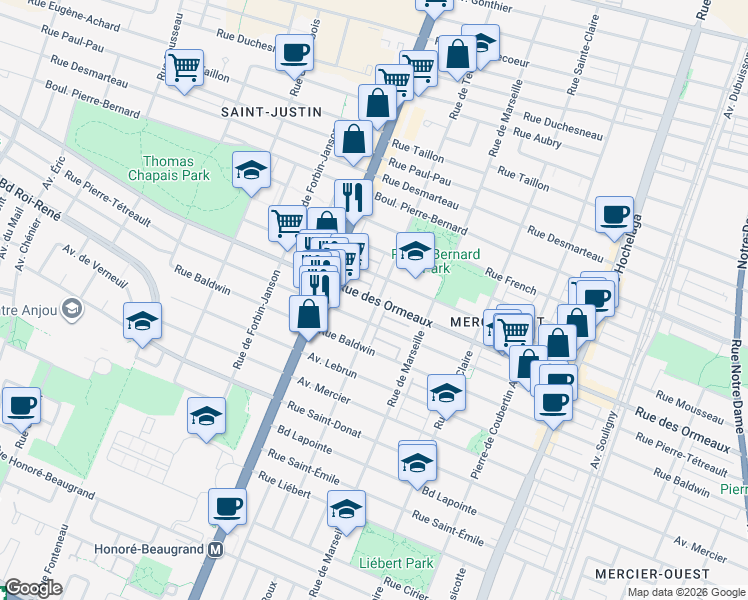 map of restaurants, bars, coffee shops, grocery stores, and more near Rue des Ormeaux in Montréal