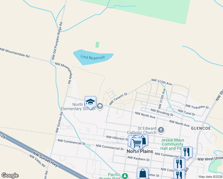 map of restaurants, bars, coffee shops, grocery stores, and more near 11380 Nw 321st Ave in North Plains
